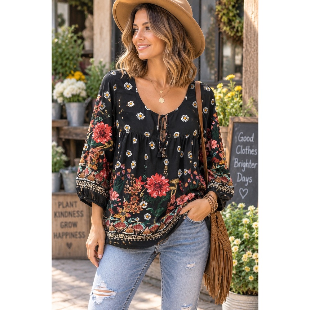 Natural Life Maribel Floral Mushroom Boho Women's M Black Tassel Peasant Top